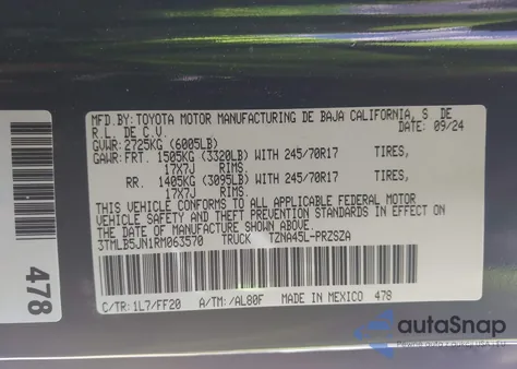 2024 Toyota Tacoma Sr5 4Wd z USA, uszkodzony, nr VIN 3TMLB5JN1RM063570